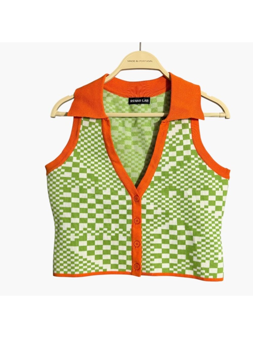 Rehab Lab Sweater Crop Top Sleeveless Women Size L Vneck Button Checkered Retro